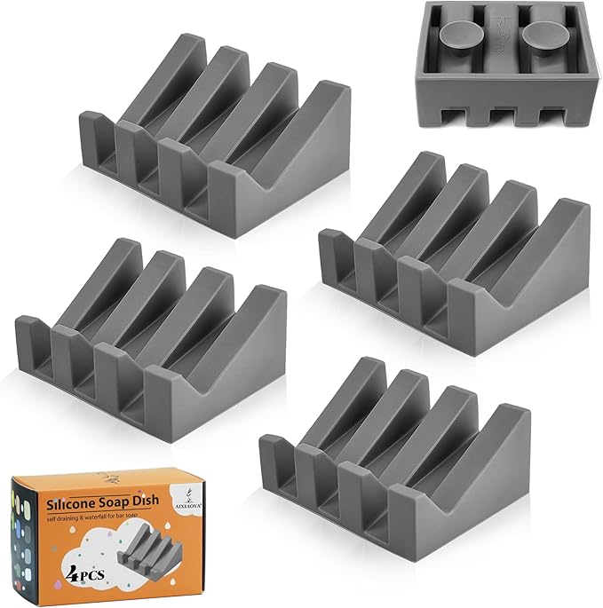 Silicone Soap Dish with Drain, Upgrade Double Suction Cups at The Bottom for Anti-Slip and Stability, Soap Dish Shower Waterfall Bar Soap Holder Tray with Drain Soap Holder (4, Grey) - Bloomnest