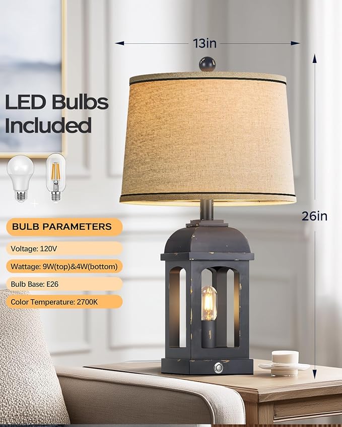 QiMH Table Lamp for Living Room, Farmhouse Lamps with USB A+C and Nightlight, 26" Rustic Bedside Lamps with 3-Way Dimmable Touch Control, Nightstand Lamp for Bedroom, Shabby Grey, 1 Pack - Bloomnest