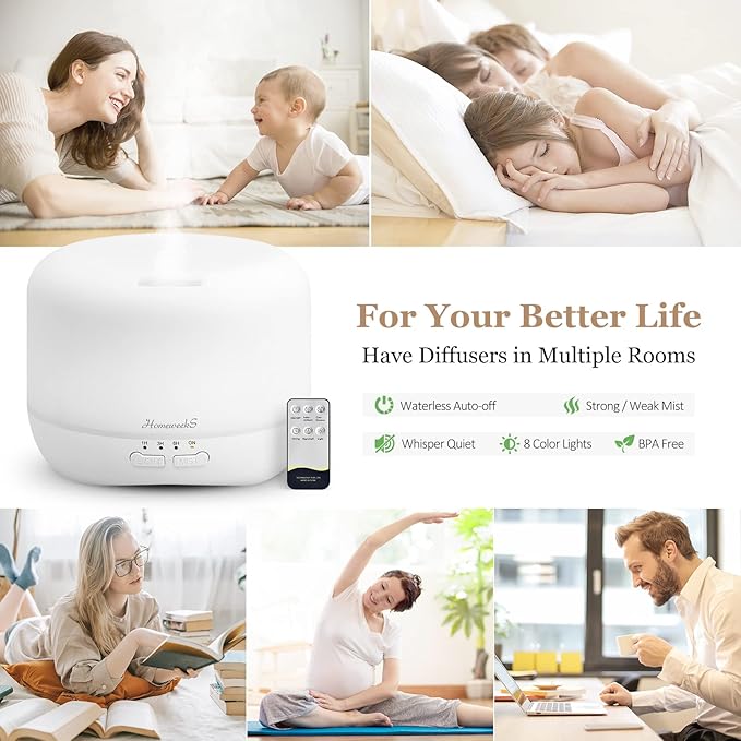 Aromatherapy Essential Oil Diffuser for Room: Air Humidifier Aroma Scent Cool Mist Colorful Lights Cute Small Large Waterless Auto Off Ultrasonic Diffusers for Home Bedroom White (300ml) - Bloomnest