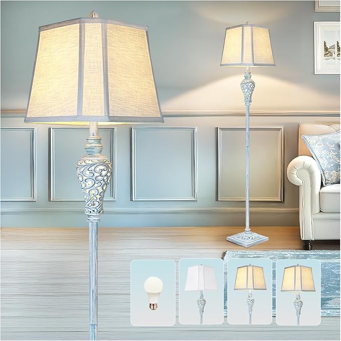 Vintage Floor Lamp with Nightlight, 65" Retro Standing Lamp with White Linen Shade, Washed Blue Finish Farmhouse Style Design Tall Lamp Decor for Living Room Bedroom Study Home Corner (Bulb Included) - Bloomnest