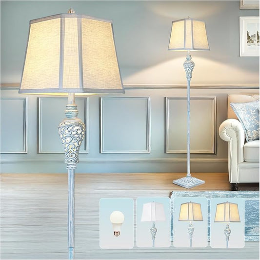 Vintage Floor Lamp with Nightlight, 65" Retro Standing Lamp with White Linen Shade, Washed Blue Finish Farmhouse Style Design Tall Lamp Decor for Living Room Bedroom Study Home Corner (Bulb Included) - Bloomnest