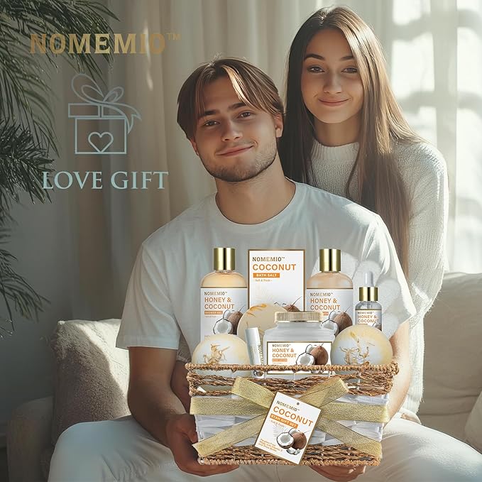 Valentine's Day Gift Baskets, Spa Gift Basket for Women, 11pcs Honey & Coconut Luxury Bath Gift Set, Spa Kit with Shower Gel, Bubble Bath, Bath Bombs , Beauty Gifts for Her, Women, Mom Birthday - Bloomnest
