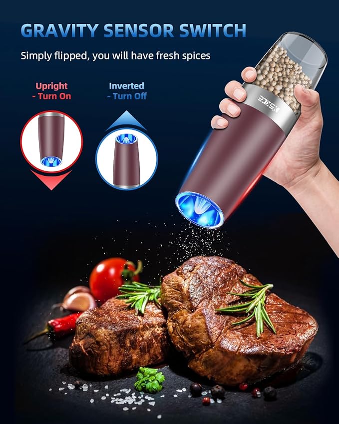 XinXu Gravity Electric Pepper Grinder, Salt or Pepper Mills & Adjustable Coarseness, with LED Light, One Hand Automatic Operation -Set/RoseRed - Bloomnest