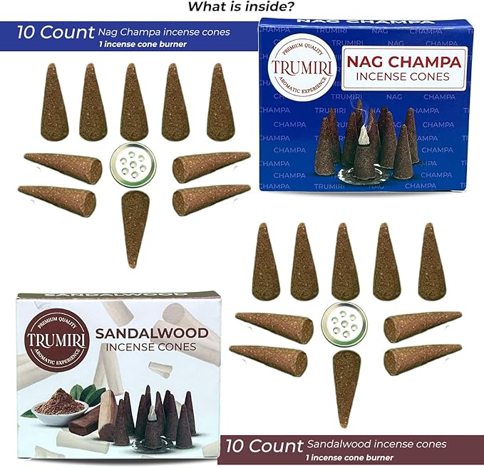 TRUMIRI Incense Cones - Combo Pack of 20 Cone Incense - 10 Nag Champa + 10 Sandalwood - Insence Cones - Incense Cones Scented - Cone Incense Scents - Insense Cones - Incent Cone TRUMIRI