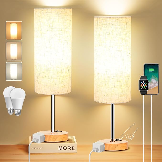 ZJOJO Table Lamp for Bedroom 2 Pack,18in Bedside Lamps with 3 Way Dimmable Rocker Switch & AC Outlet,Nightstand Desk Lamp with Flaxen Fabric Shade Woodgrain Base for Living Room Home Decor Lights - Bloomnest