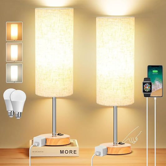 ZJOJO Table Lamp for Bedroom 2 Pack,18in Bedside Lamps with 3 Way Dimmable Rocker Switch & AC Outlet,Nightstand Desk Lamp with Flaxen Fabric Shade Woodgrain Base for Living Room Home Decor Lights - Bloomnest