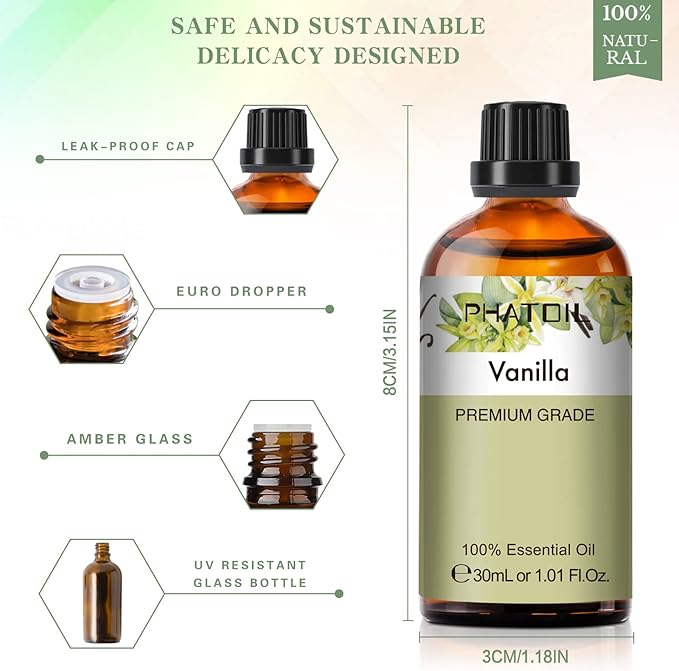 Vanilla Essential Oil, 1.01Fl.Oz (30ML) PHATOIL Pure Essential Oil Singles for Aromatherapy Diffusers, Humidifiers, Great for DIY Candle and Soap Making, Gift for Friend - Bloomnest