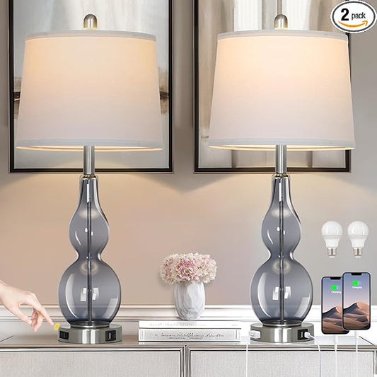 27.5" Gray Clear Glass Table Lamp Set of 2,3-Way Dimmable Touch Control Bedside Lamps with USB Ports and AC Outlet, Modern Nightstand Lamps for Bedroom Living Room - Bloomnest