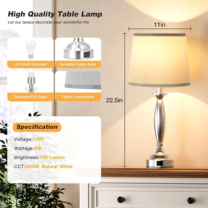 Bedrooms Touch Control Bedside Lamp with USB C+A, 3 Way Dimmable Nightstand Lamps with USB Port, Brushed Nickel Table Lamp for Living Room Guest Room Bed Side End Table, Set of 2 - Bloomnest