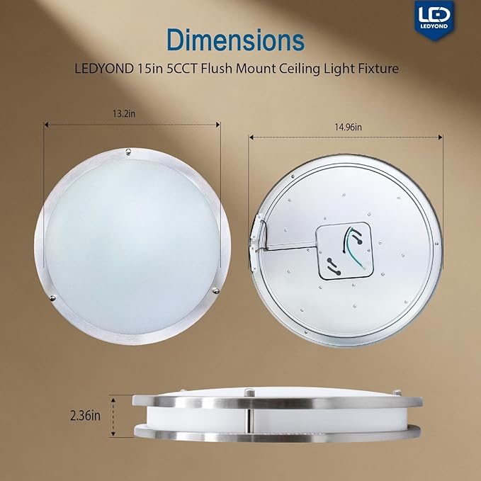 LEDYOND 15in 5CCT Dimmable LED Ceiling Light Fixture, 2000 Lumens Flush Mount LED Bedroom Ceiling Light, Frequency Adjustable Low Profile Ceiling Lamps for Kitchen, Satin Nickel - Bloomnest