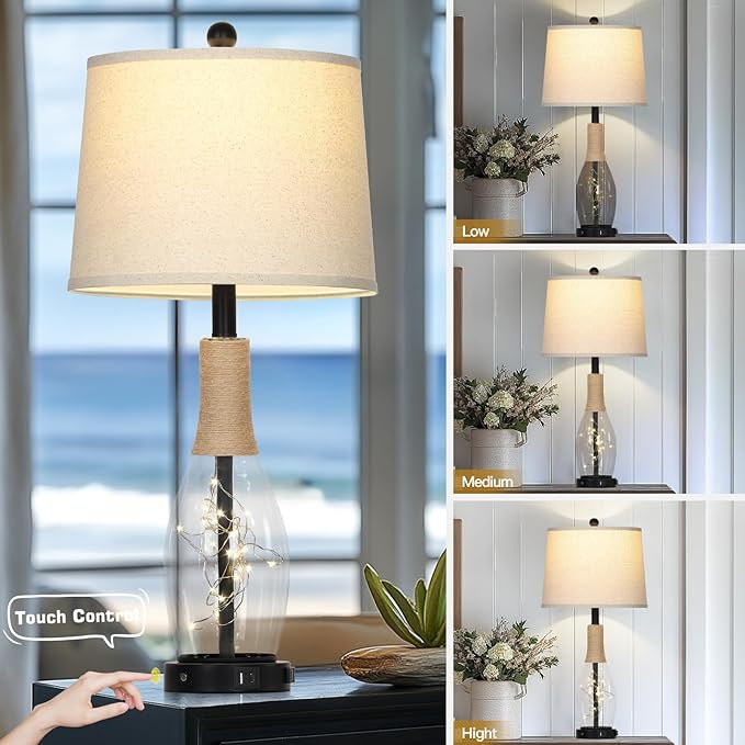 28" Tall Coastal Table Lamps Set of 2, Glass Black Modern Table Lamps with 3-Way Dimmable Touch Control Fairy Lights & Type-C Charging, Beach Nautical Bedside Lamps for Living Room Bedrooms End Table - Bloomnest