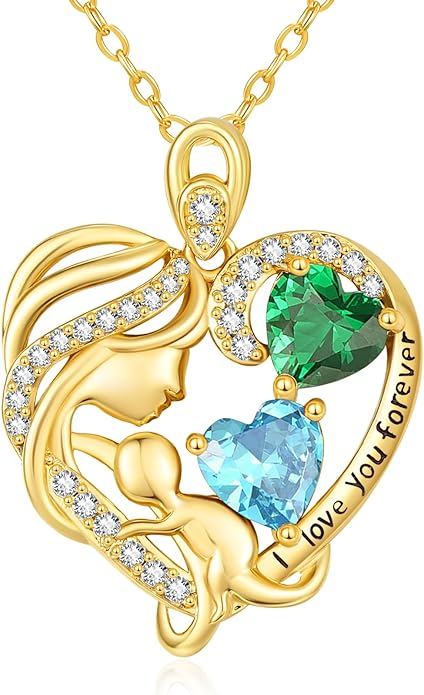 14K Gold Double Birthstone Heart Necklace for Women Mom, Mother Son/Daughter Pendant Necklace for Christmas Mother's Day Birthday Gifts for Wife Daughter Grandmom - Bloomnest