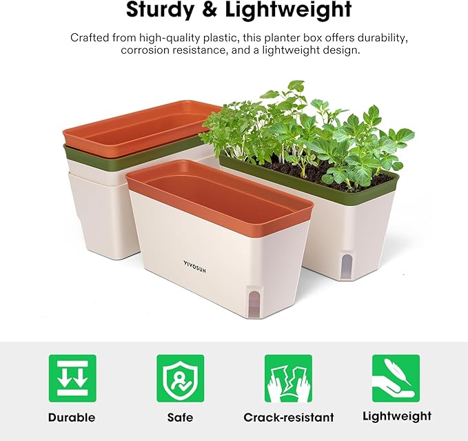 VIVOSUN Self-Watering Planters, 4-Pack 10.5 Inch Compact Rectangular Window Herb Planter Box with 10 PCS Plant Labels, Plant Container for Basil, Flowers, Succulents, Indoor & Outdoor - Bloomnest