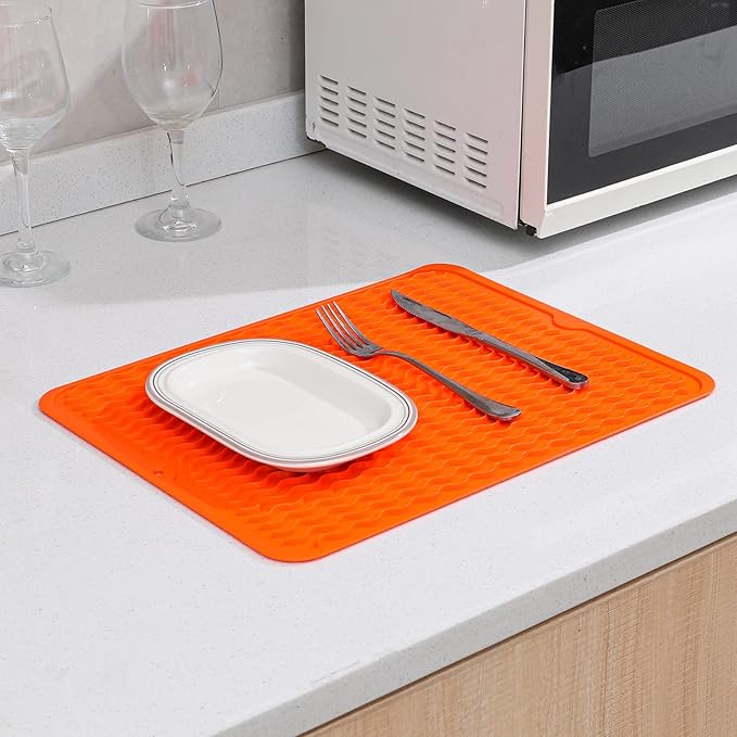 Silicone Dish Drying Mat for Multiple Usage,Easy clean,Eco-friendly,Heat-resistant Silicone Mat for Kitchen Counter or Sink,Refrigerator or drawer liner Orange L 16 inches x 12 inches - Bloomnest