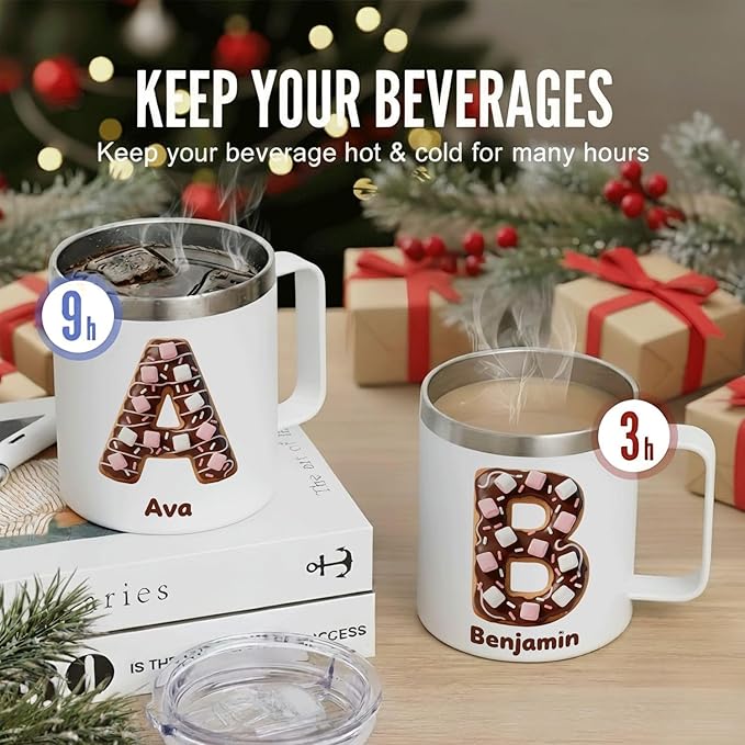 Personalized Christmas Mug | Custom Gingerbread Initial Insulated Coffee Cup with Handle & Lid | 12oz Holiday Tumbler, Cute Stocking Stuffer Gift for Women & Kids (B07) - Bloomnest