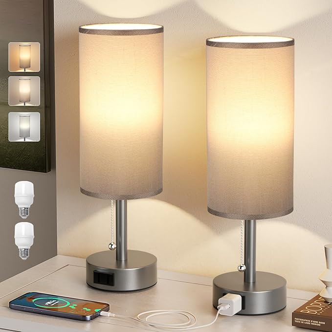 Fenmzee Dark Grey Bedside Table Lamps Set of 2-3 Color Temperatures Pull Chain Lamp with AC Outlet Charging Port, Small Round Night Stand Lamps for Bedroom, Bed Side Light with E26 LED Bulbs - Bloomnest