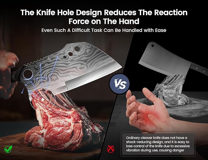 Meat Cleaver Chef Knife with Sheath, 7.7 Inch Butcher Knife with Herb Stripper, Chopping Knife Heavy Duty Bone Cutting, Damascus Pattern Full Tang Wood Handle, Birthday Gift for Men - Bloomnest
