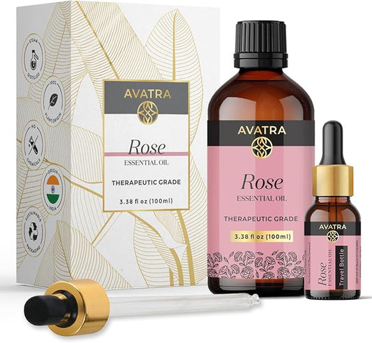 Avatra Rose Essential Oil 100ML (3.38 OZ) with Glass Dropper and Travel Bottle, Pure and Natural Therapeutic Grade Lavender Oil for Diffuser, Aromatherapy, Massage, and DIY Candle Products - Bloomnest