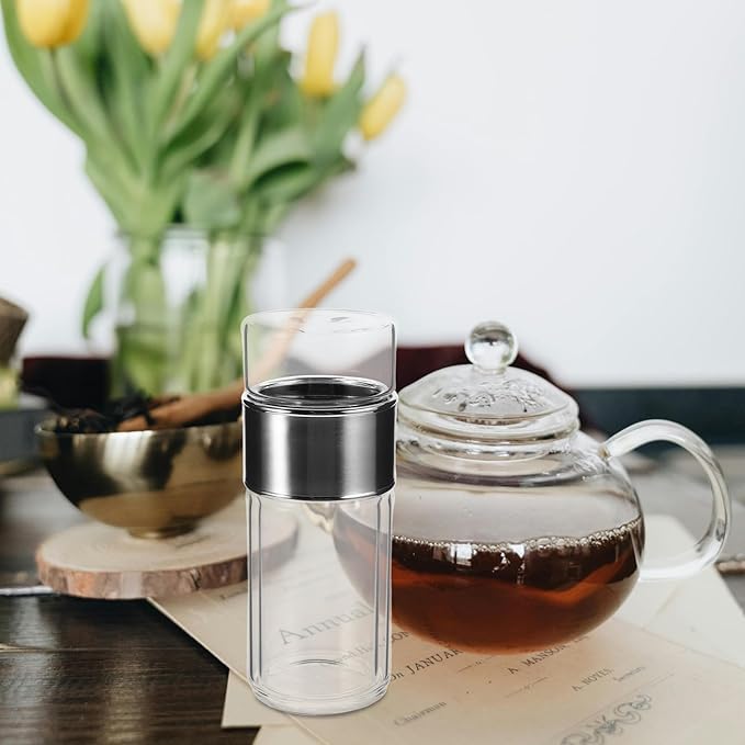 Double Glass Tea Infuser Bottle with Integrated Strainer Tea Separation Cup for Loose Leaf Tea Safe High Borosilicate Glass Versatile for Tea and Infused - Bloomnest