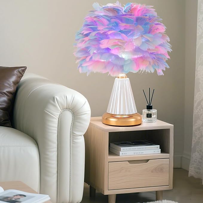 Colorful Feather Table Lamp Cute Ceramic Fluffy Bedside Lamp Princess Furry Nightstand Light Girl Romantic Desk Lamp for Girl Bedroom Living Room Office Nursery Valentines Wedding Decor - Bloomnest