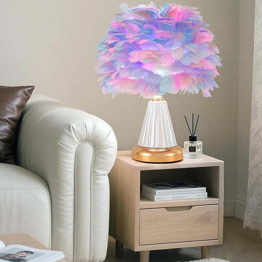 Colorful Feather Table Lamp Cute Ceramic Fluffy Bedside Lamp Princess Furry Nightstand Light Girl Romantic Desk Lamp for Girl Bedroom Living Room Office Nursery Valentines Wedding Decor - Bloomnest