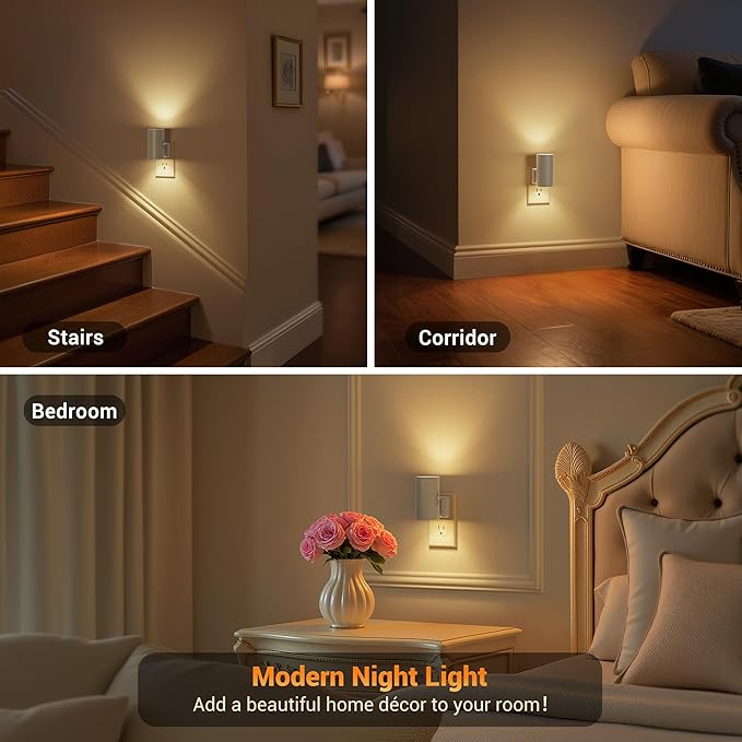 JandCase Night Lights Plug into Wall, Dimmable Gray Night Lights with Dusk to Dawn Light Sensor, Soft White 3000K, 0-100LM Adjustable Brightness Nightlight for Hallway Bathroom, 2 Pack - Bloomnest