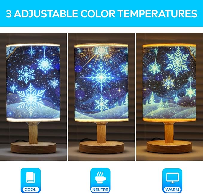 Snowflakes Table Lamp LED 3-Color Pressed Bedside for Merry Christmas, Snowflakes Shade Christmas Table Lamp with Wood Base for Bedroom Living Room Desk Office - Bloomnest