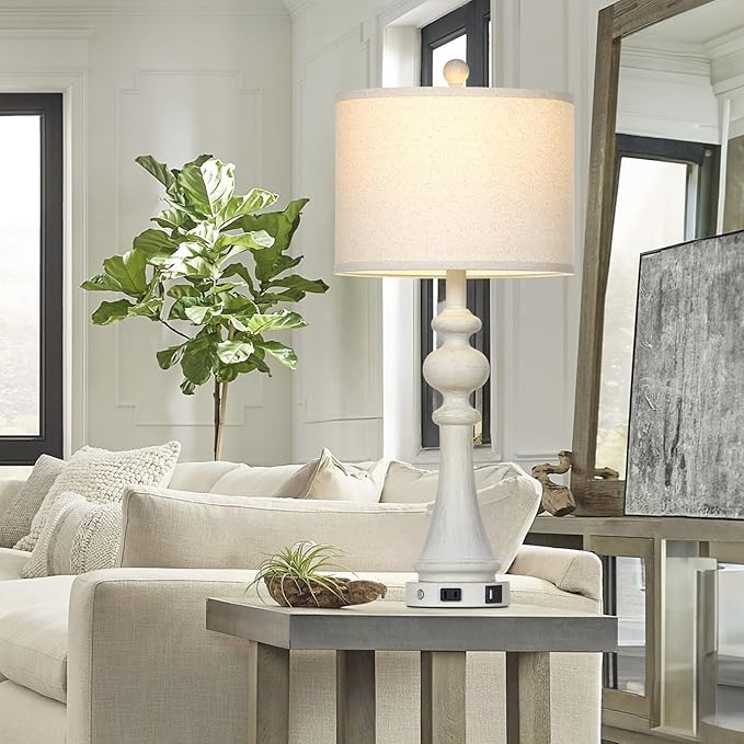 28" Farmhouse Table Lamp with USB A+C Fast Ports & AC Outlets, Vintage Rustic 3-Way Dimmable Touch Control Table Lamp, Rustic Traditional Bedside Nightstand Lamp for Living Room Bedroom White - Bloomnest