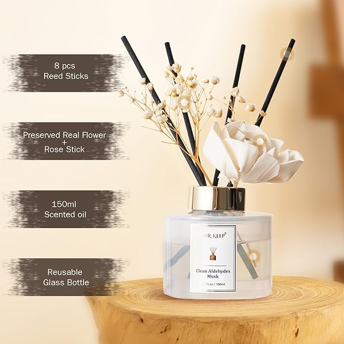 Airkeep Flower Reed Diffusers Set, 5.07 oz Clean Aldehydes Musk Scented Oil Diffuser with 8 Reed Sticks, Home Fragrance Diffuser Gift Set for Bathroom & Office Decor 150ml - Bloomnest