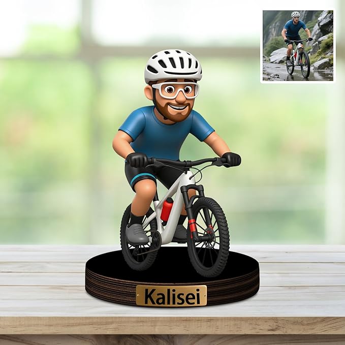 Custom Bicycle Cycling Biker Photo Cartoon Style Desk Decor with Wooden Base, Personalzied Cycling Biker Lover Cartoon Picture Portrait Sculpture Frame Acrylic Sign Plaque Gifts for Women Men - Bloomnest