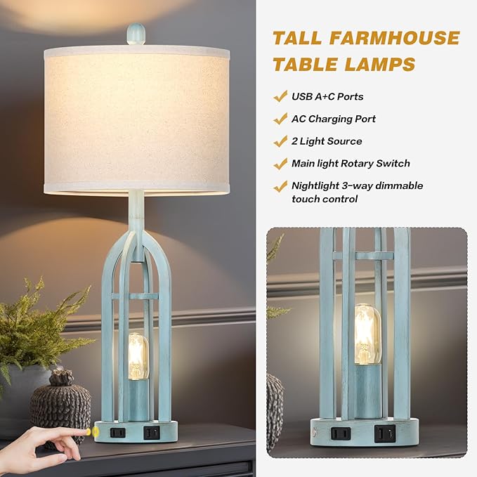 27" Industrial Farmhouse Table Lamp,Vintage Rustic Blue Beside Lamp with USB A+C Charging Ports & AC Outlet, Metal Nightstand Lamp with LED Night Light for Bedrooms (2 LED Bulbs Included) - Bloomnest