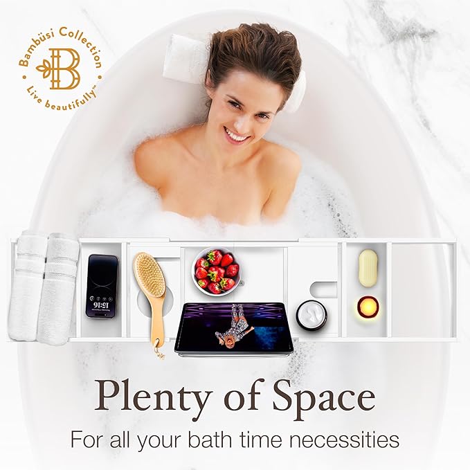 Wooden Bathtub Tray - Foldable & Expandable Bamboo Bath Tray for Tub with Wine Holder, Book & Tablet Stand - Bath Caddy Tray for Bathtub, Spa Bath Accessories, Tub Tray Table, Gifts for Her (White) - Bloomnest