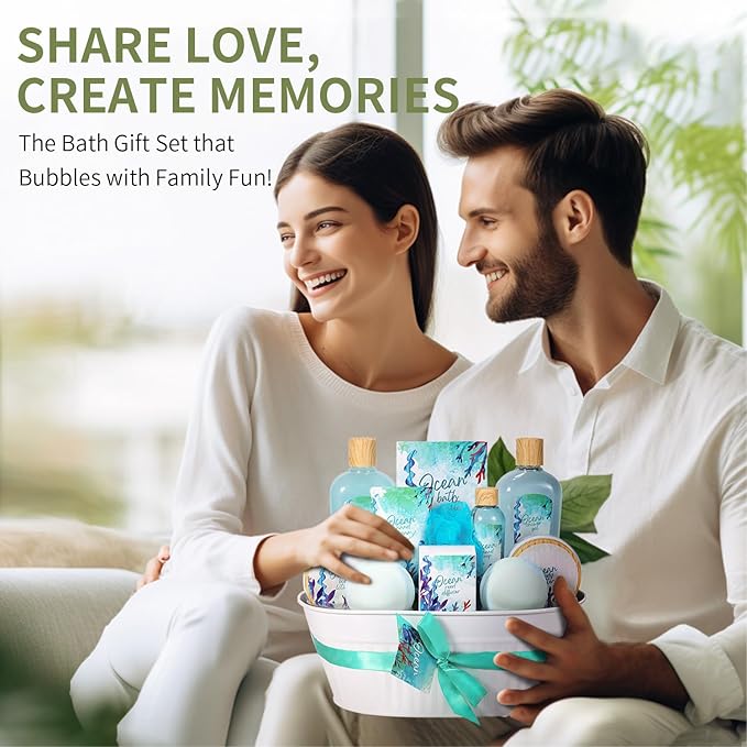 BODY & EARTH 12Pcs Ocean Scent Spa Gift Baskets for Women Luxurious Gifts for Women Valentines Day Gifts for Her Gift Sets for Women