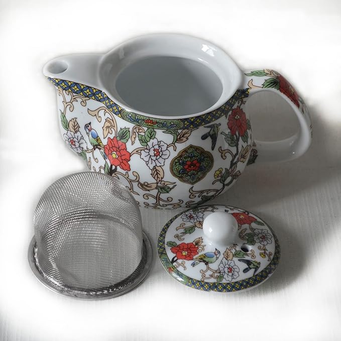 Small Porcelain Teapot, 9oz Tea Pot with Stainless Steel Filter Colorful Chinese Flower Birds (Flowers and birds)