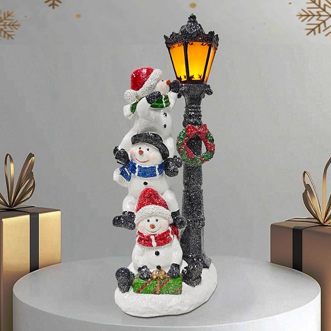 Snowman Family Christmas Light Pole—Indoor/Outdoor Resin Sculpture with Warm Yellow LED Lights, Ideal for Gardens, Courtyards, Porches, and Winter Village Decorations - Bloomnest