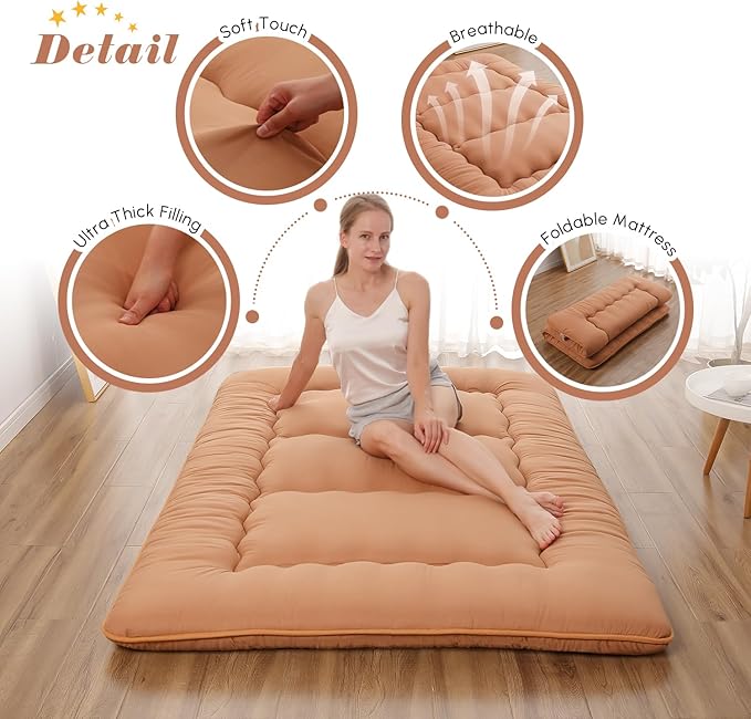 Japanese Floor Mattress, Futon Mattress with Portable Storage Bag and Washable Cover, Roll Up Thick Tatami Mat Suitable for Camping, Guest Room, Light Coffee, Full - Bloomnest