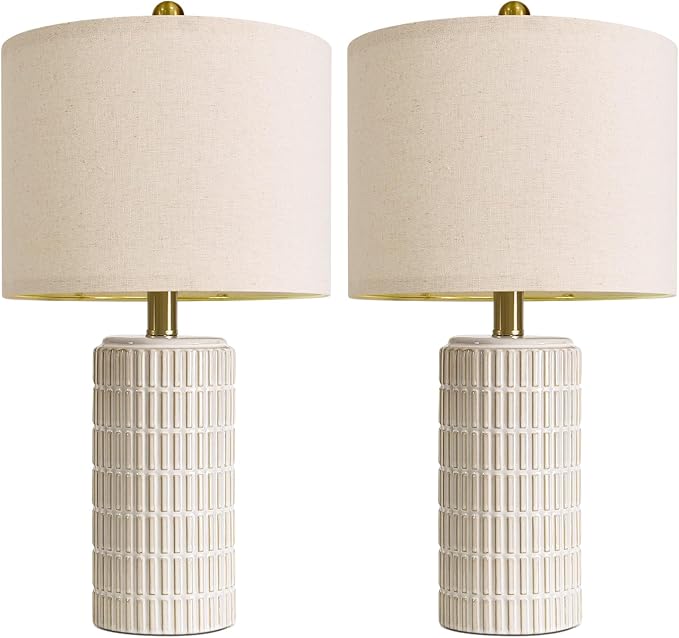 PoKat 20.75" Small Modern Ceramic Table Lamps Set of 2 for Bedroom, White Bedside Lamps for Night Stands, Farmhouse Desk Decor Nightstand Table Lamps for Living Room End Table Beige - Bloomnest