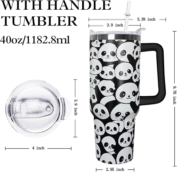 40 oz Panda Tumbler With Lid and Straw, Stainless Steel Cup Coffee Travel Mug, Gifts for Girls, Panda Stuff Decor Accessories - Bloomnest