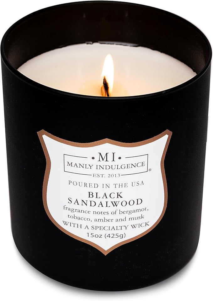 Manly Indulgence Black Sandalwood Scented Candle for Men 15 oz – Bergamot, Tobacco, Amber & Musk - Wood Wick - Up to 60 Hours Burn - Soy Blend Wax, USA Poured – Signature Collection - Bloomnest