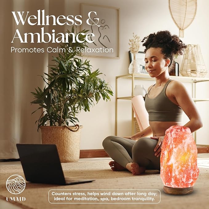 UMAID Himalayan Salt Lamp 8-10 inch (7-11 lb) with Dimmable Switch and Night Light Bulb on Handcrafted Wooden Base, Natural Pink Rock Salt Lamp - Bloomnest