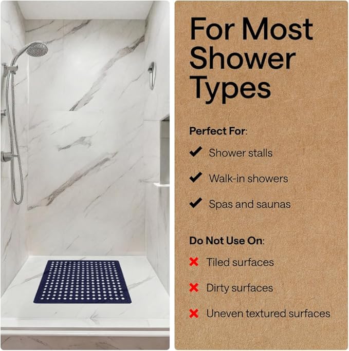 GORILLA GRIP Patented Square Shower Stall Mat, Small Bathtub Floor Mats for Stand Up Showers, Suction Cups and Drainage Holes, Machine Wash, Soft on Feet, Bathroom Accessories 21x21 Inch, Navy Opaque - Bloomnest
