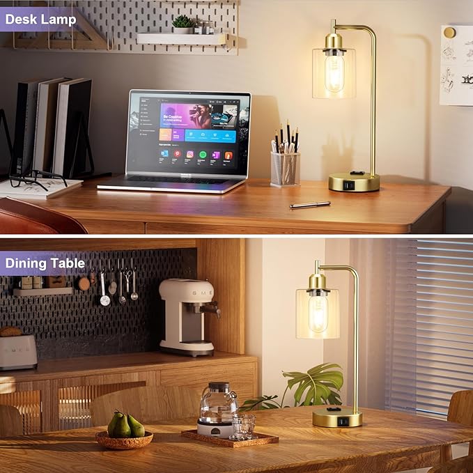 Innqoo Industrial Gold Table Lamp for Bedrooms Set of 2-3-Way Dimmable Desk Lamp with USB C+A Ports and Outlet, Gold Lamps with Clear Glass Shade for Living Room, Desk Lamps for Home Office - Bloomnest