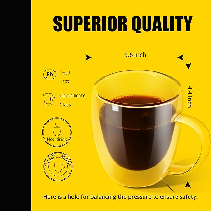 PunPun 12.9OZ. 380ml Clear Coffee Mugs, Glass Cups for Latte, Double Wall Glass with Big Handle, Clear Mugs for Iced Coffee or Hot Beverages, Espresso Cups Each Set of 4 - Bloomnest