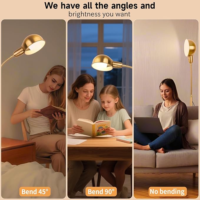 Gold Floor Lamp with Flexible Gooseneck and Rotatable Shade，Standing Lamp Include Dimmer LED Bulb，Ideal Tall Lamp with Dimmer and Timer Switch for Reading,Bedside and Living Room (Gold) - Bloomnest