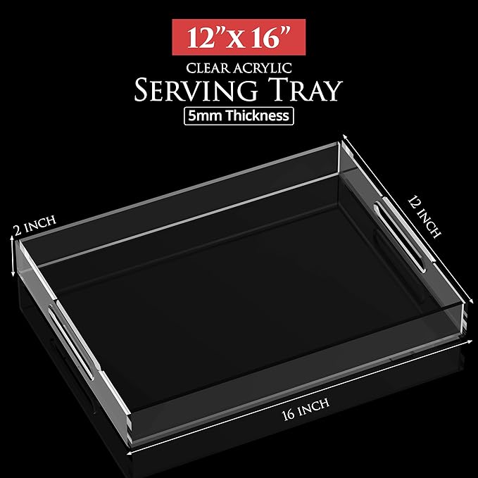 Acrylic Tray 16x12 with Cut Handles - Spill Proof Decorative Tray is an Ideal Countertop Organizer for Living Rooms, Ottoman Coffee Tables, Offices, Kitchens & Serving Guests - Bloomnest