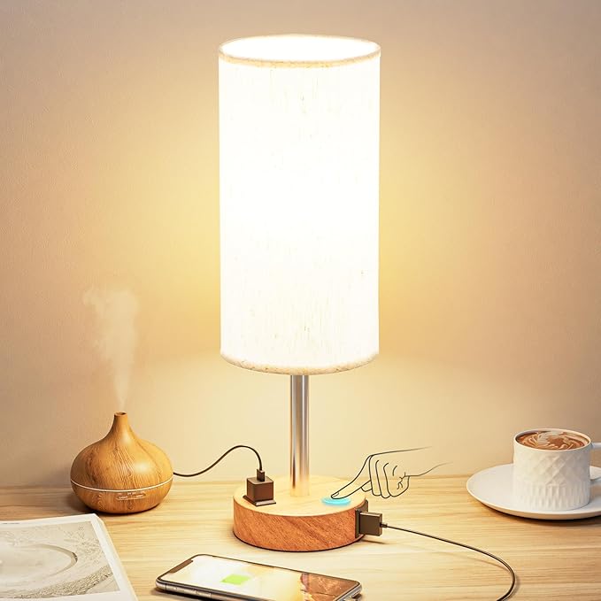 Fenmzee Bedside Table Lamp for Bedroom - 3 Way Dimmable Touch Lamp USB C Charging Ports and AC Outlet, Small Lamp Wood Base Round Flaxen Fabric Shade for Living Room, Desk, LED Bulb Included - Bloomnest