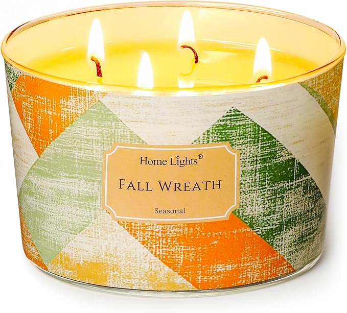 HomeLights Soy Wax Candles for Home Scented, 4-Wick Candles in Fall Wreath Scented, Rustic Modern Aromatherapy Candles Gift for Parties, Relaxing, 18oz - Bloomnest