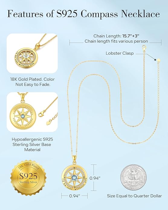S925 Necklace Gift for Wife |Compass Jewelry |Women Anniversary |Sterling Silver |Girlfriend Birthday Gifts for Her Valentines |I'd be Lost without You |Jewel 18K Gold - Bloomnest