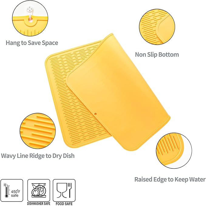 Silicone Dish Drying Mat for Multiple Usage,Easy clean,Eco-friendly,Heat-resistant Silicone Mat for Kitchen Counter or Sink,Refrigerator or Drawer Liner Yellow 4XL 32 inches x 18 inches - Bloomnest
