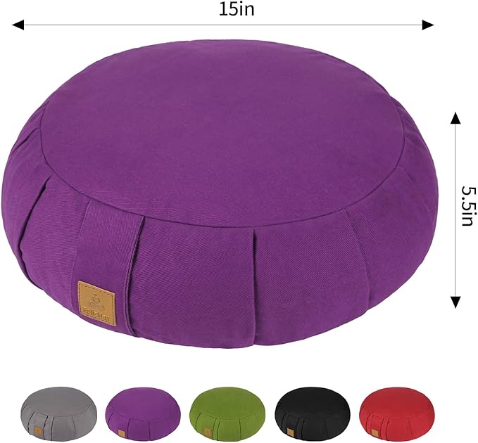 Round Zafu Meditation Cushion, D=15" H=5.5" Zabuton Meditation Pillow, Yoga Bolster/Pillow, Floor seat, Zippered Organic Cotton Cover, Natural Buckwheat, Kneeling Pillow - Bloomnest